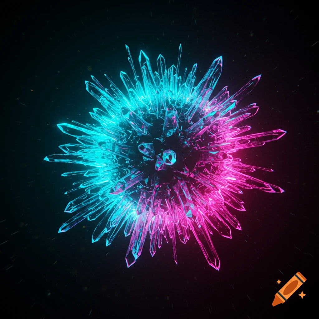 An abstract, spiky crystal formation glowing brightly with neon blue and pink light against a dark background.