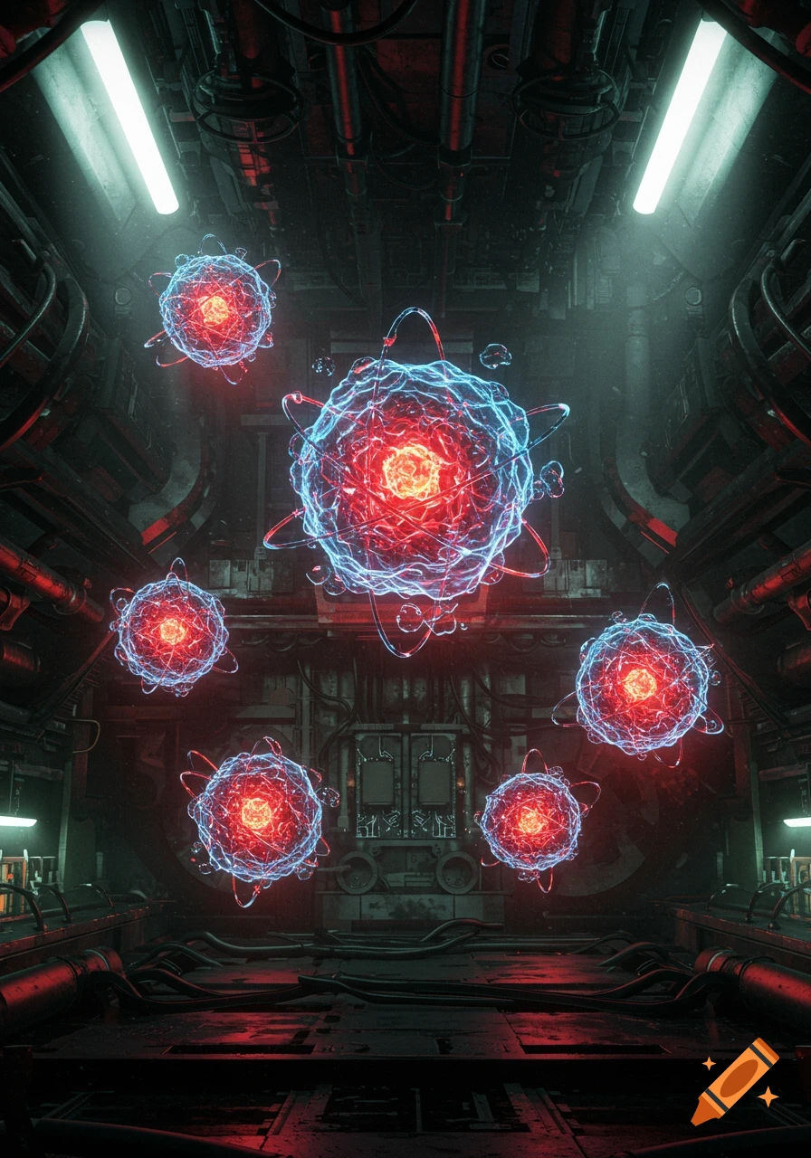 Glowing red and blue atom-like spheres float in a dark, metallic sci-fi machine structure environment.