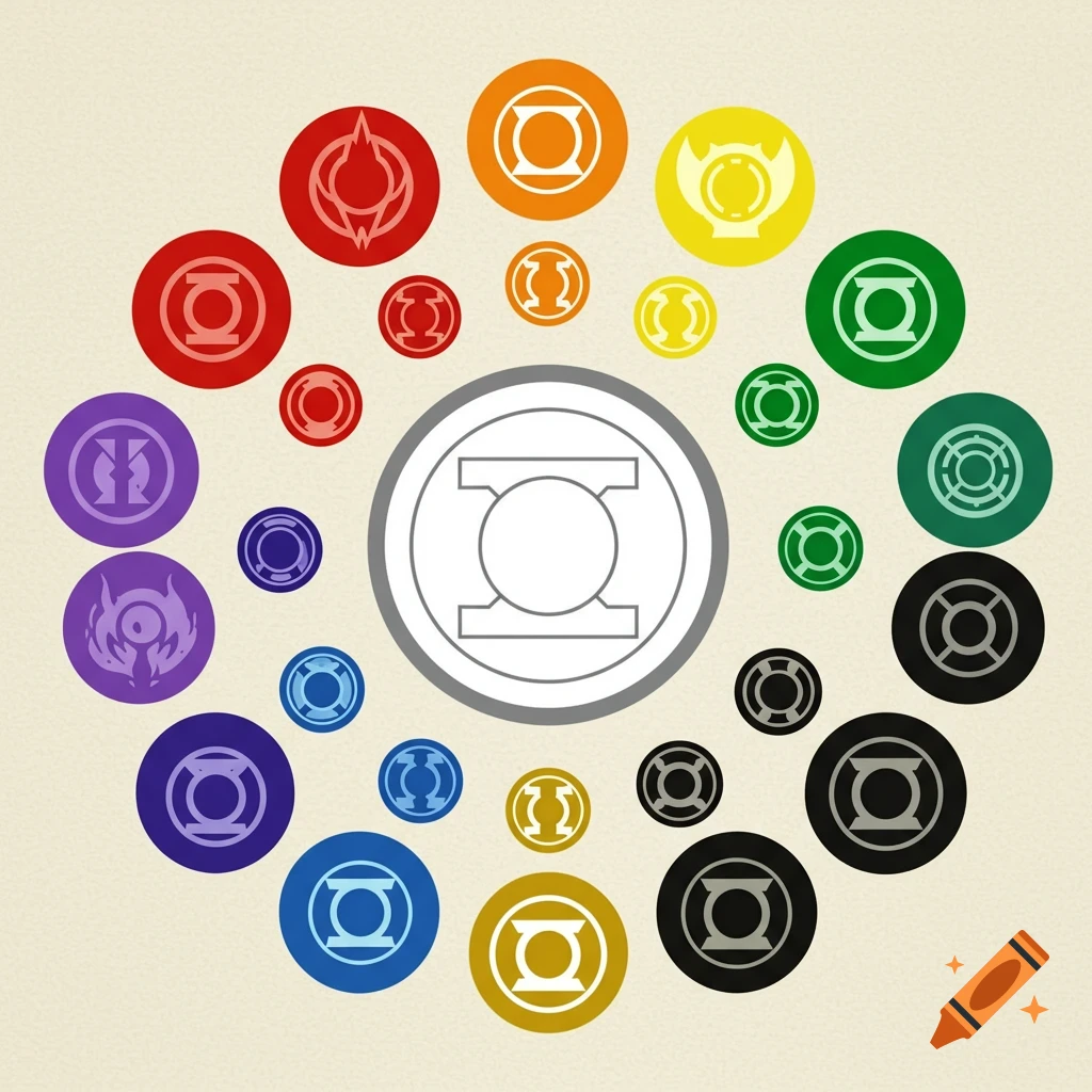 Colorful circular Lantern Corps symbols, including Red, Orange, Yellow, Green, Blue, and Black, surrounding a central white symbol on a beige background.