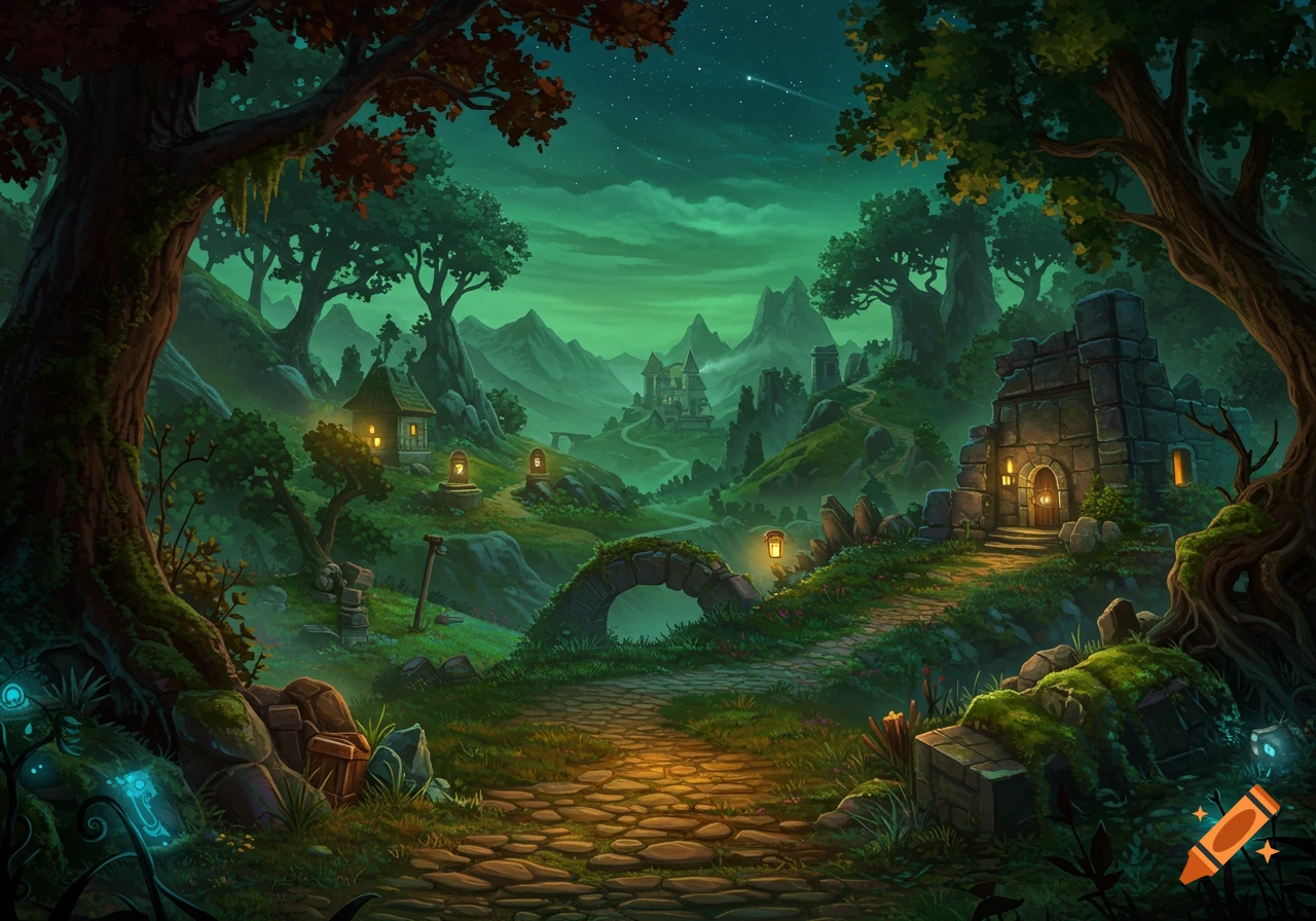 Stylized fantasy landscape with a cobblestone path leading through an enchanted forest past ancient ruins and houses under a starry green sky.