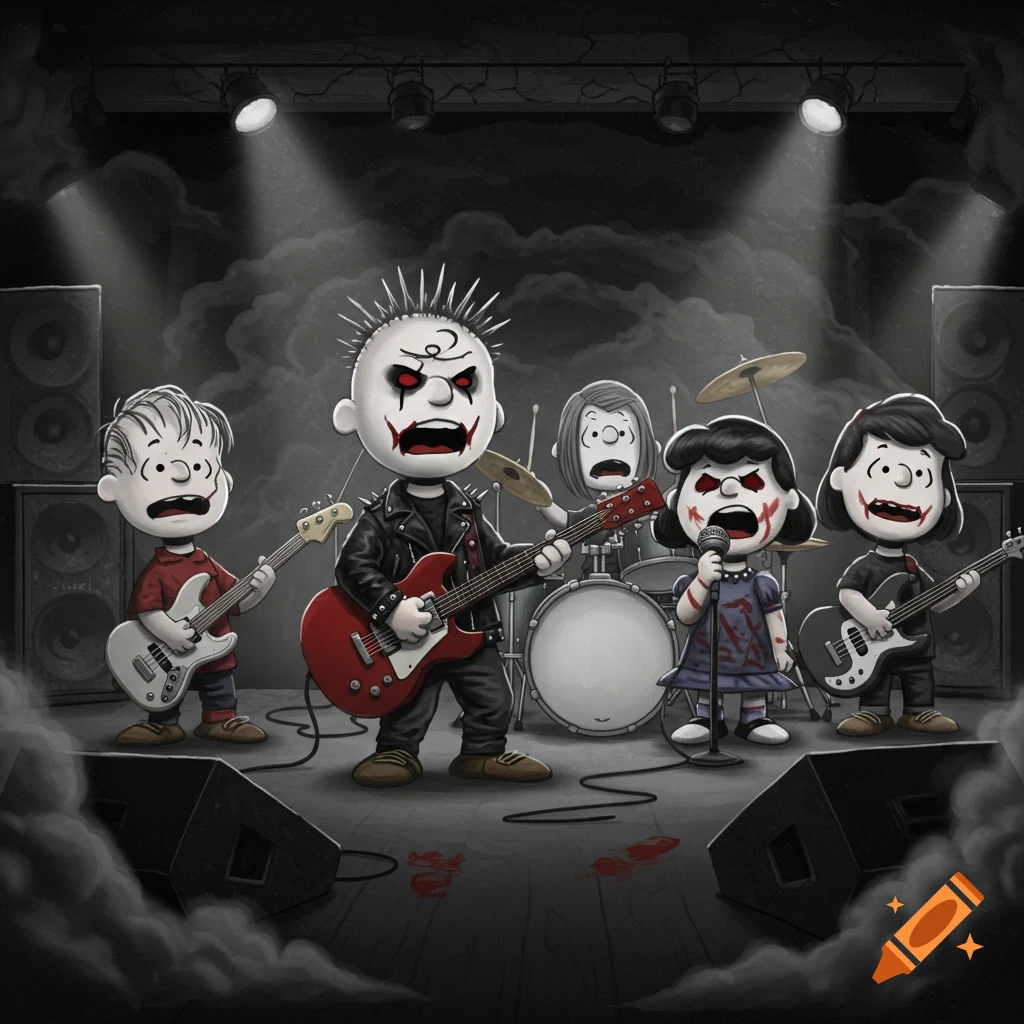The Peanuts gang, stylized as a black metal band, play on a dark stage with spotlights and smoke.