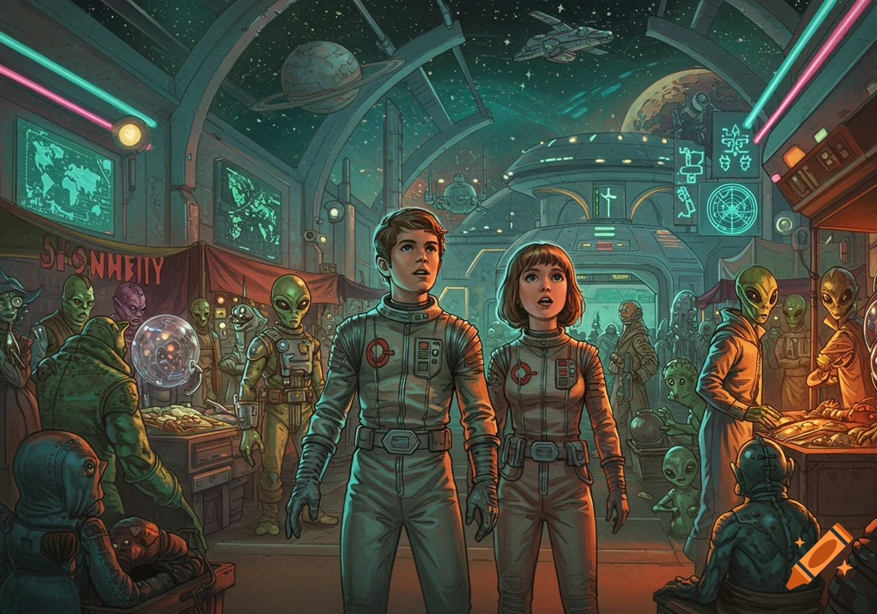 Teenage boy and girl in spacesuits explore a bustling alien starport, styled like a 1970s sci-fi novel cover.