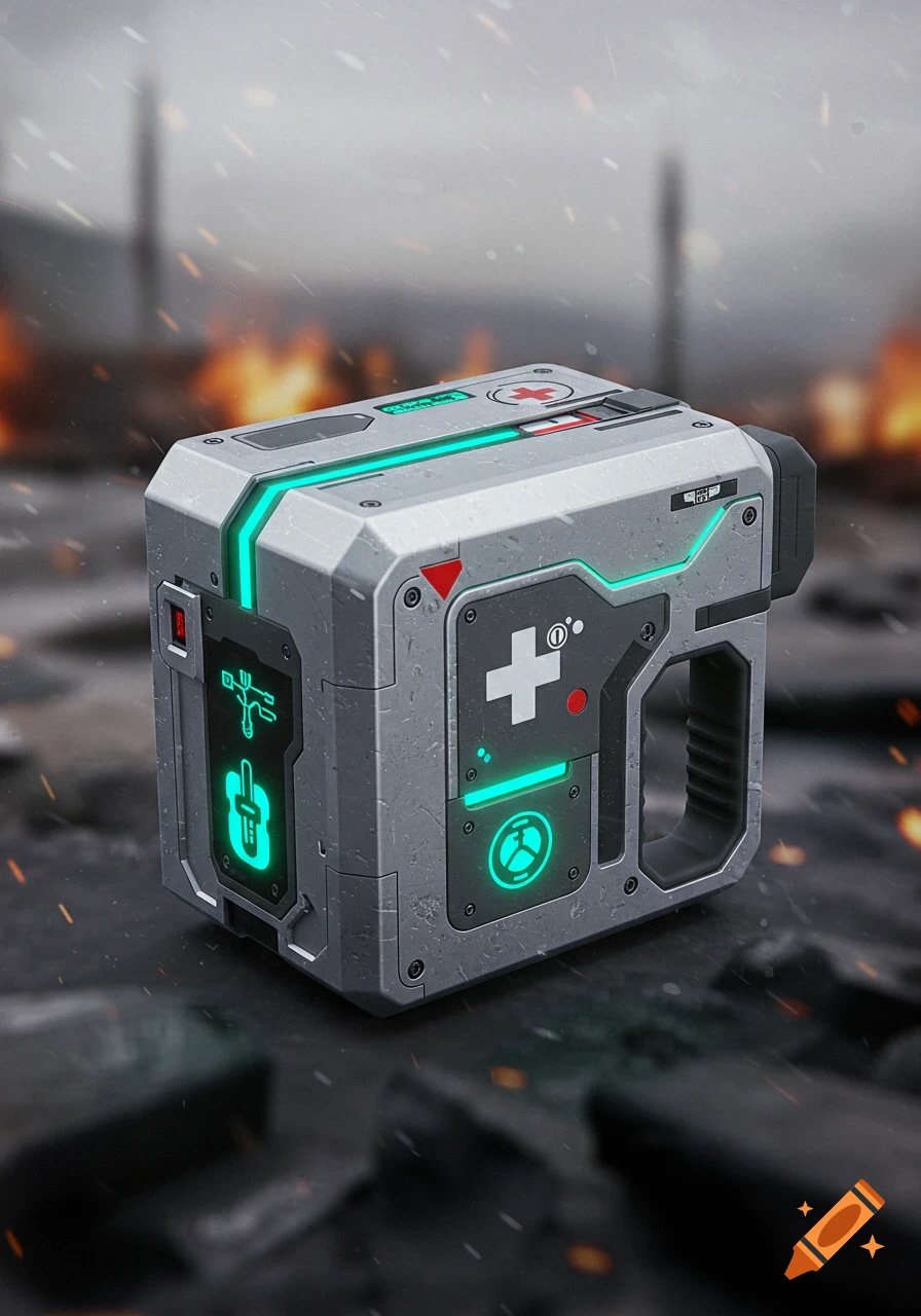 A futuristic, grey medkit with glowing teal lights and red cross symbol, standing on a dark, debris-strewn ground with a blurry, fiery background.