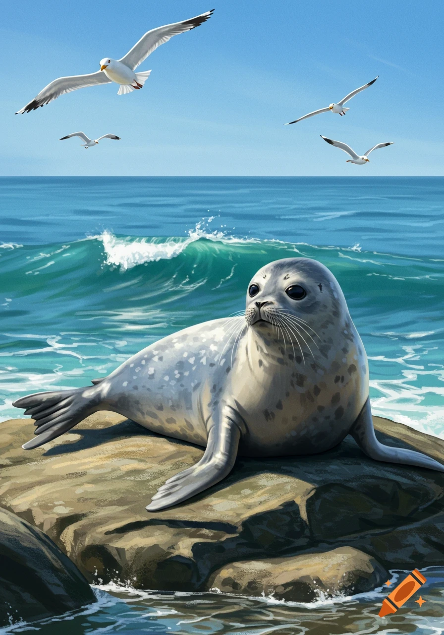 An illustration of a spotted seal resting on a rock by the ocean, with seagulls flying under a clear blue sky.