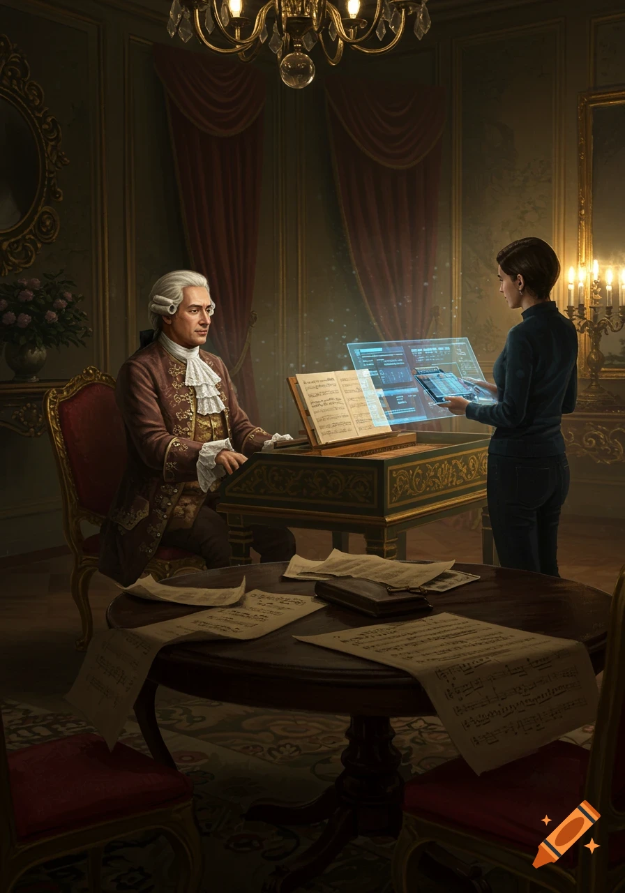 A classical composer in a powdered wig sits at a harpsichord while a modern woman interacts with a holographic display in a lavish historical room.