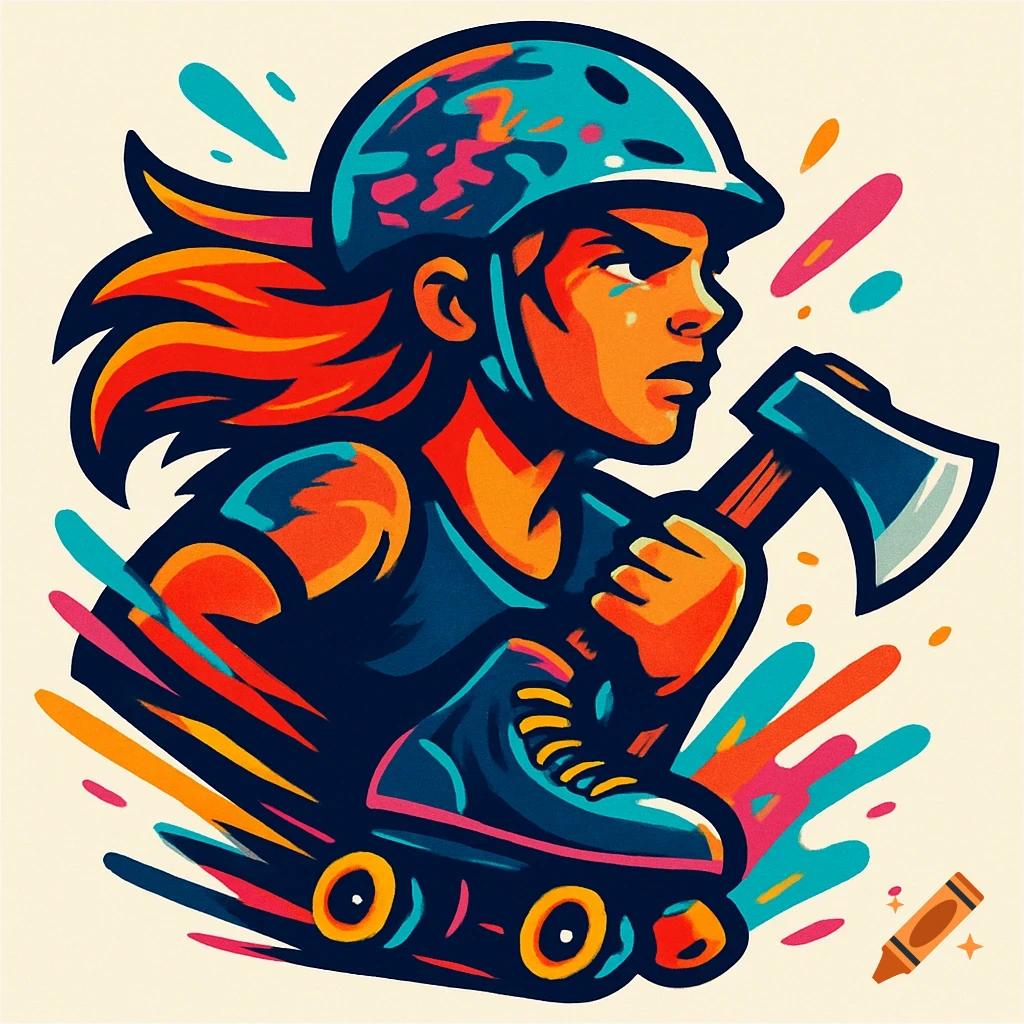 Colorful logo illustration of a girl in a roller derby helmet and quad skates, holding a hatchet.