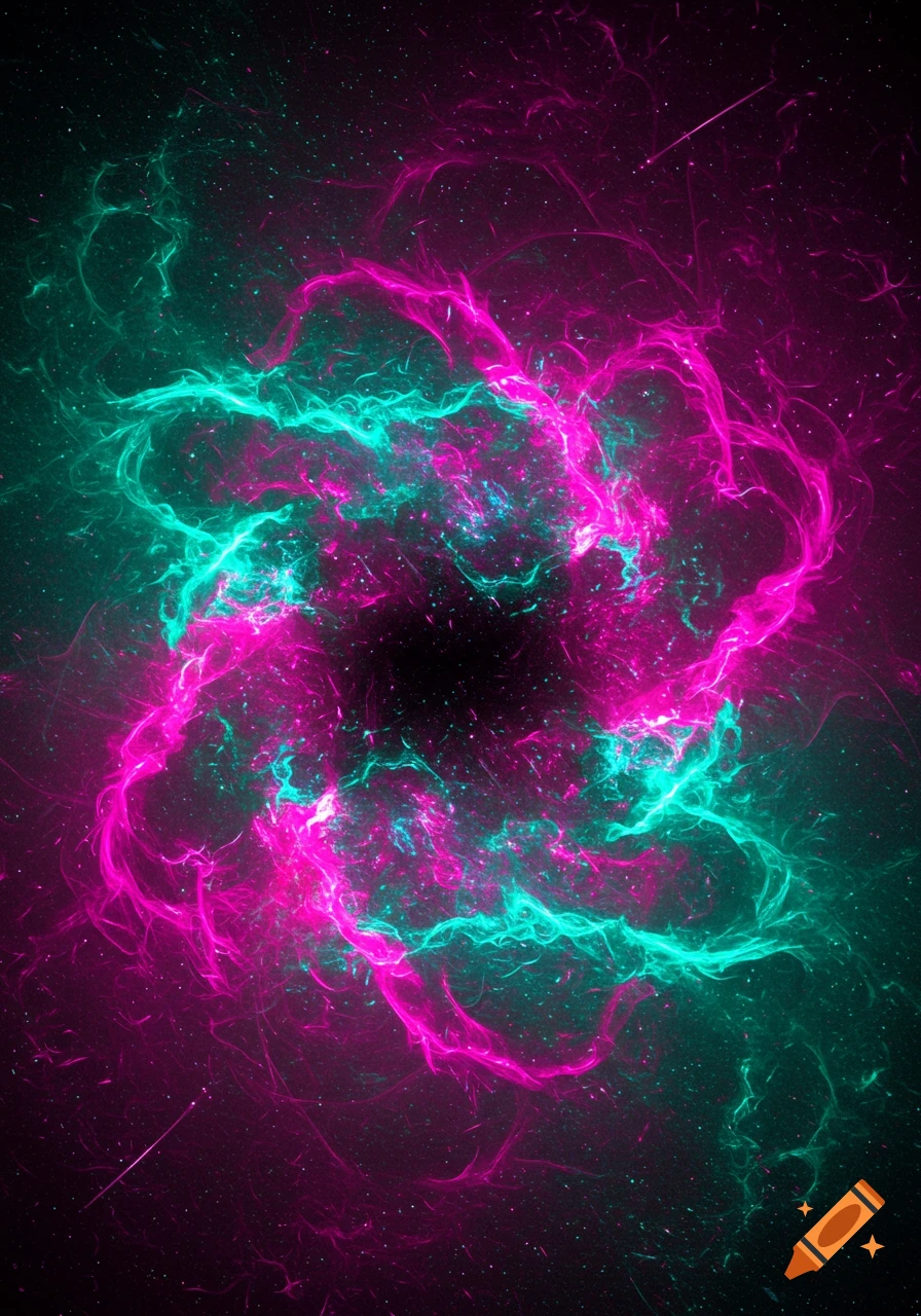 Abstract digital art of glowing pink and teal light streams forming a circular pattern against a dark, star-filled background.