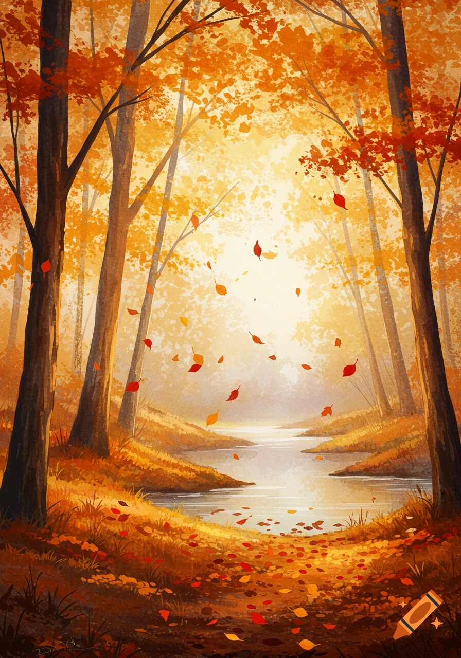 A vibrant watercolor painting of an autumn forest with a stream, sunlight, and falling orange and red leaves.