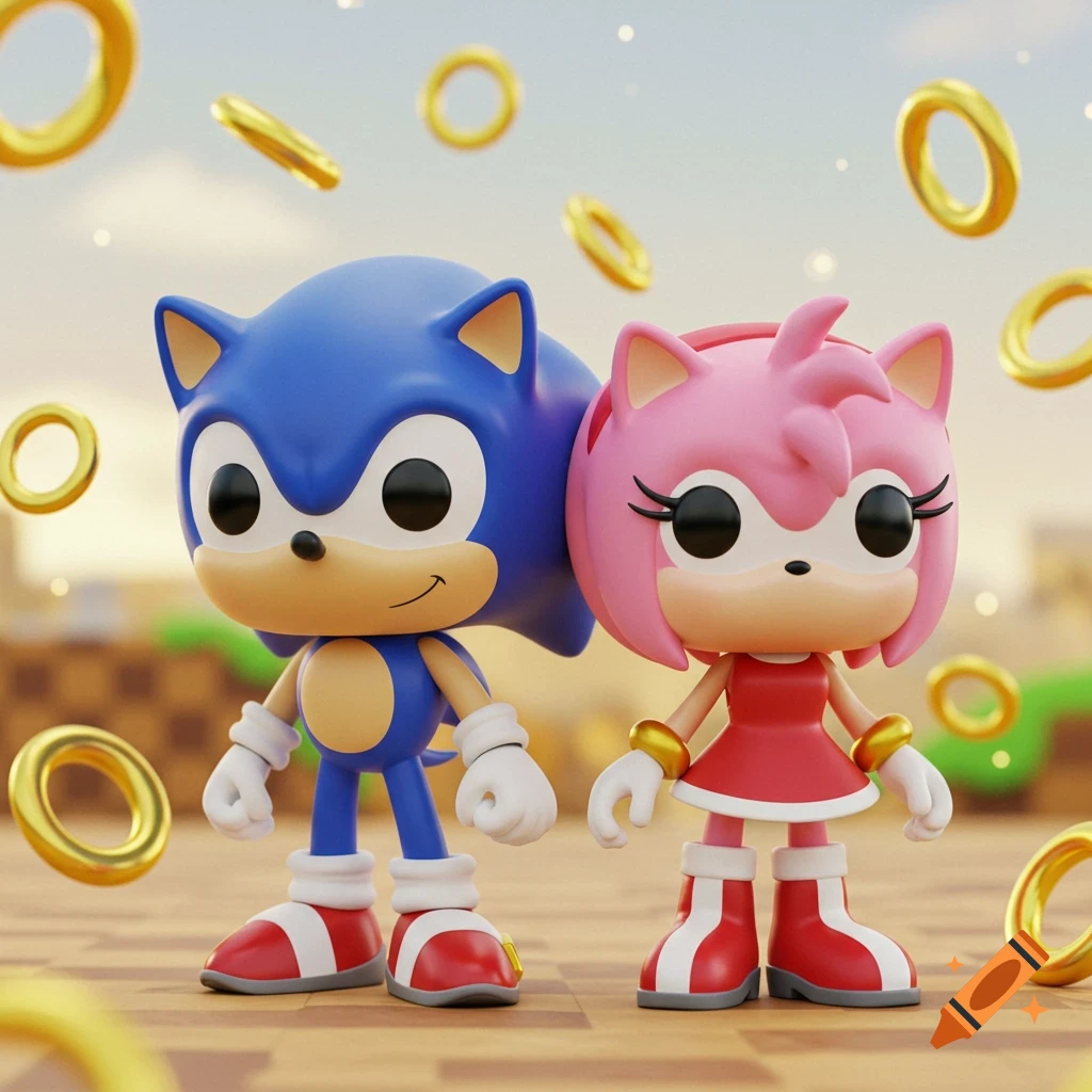 Sonic and Amy Rose Funko Pop figures stand on a checkered ground surrounded by floating golden rings.