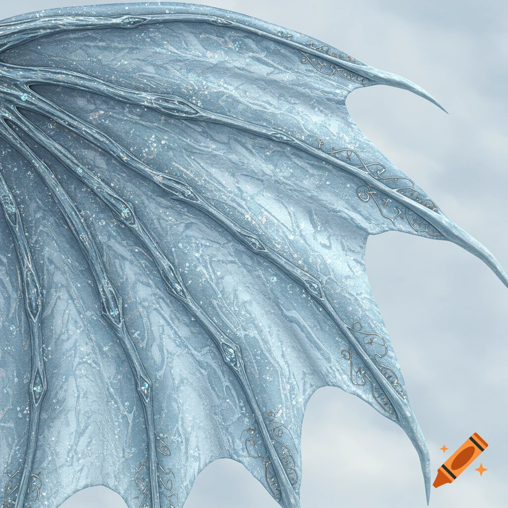 Close-up of an intricate, shimmering ice dragon wing with decorative patterns and fabric-like texture against a light sky.