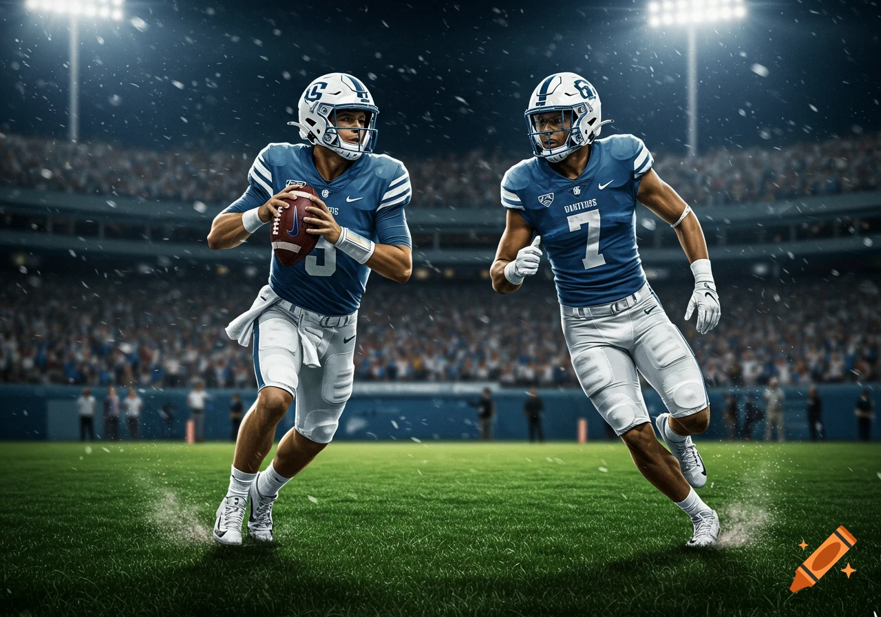 Two photorealistic American football players in blue and white uniforms run on a stadium field during a snowy night game under bright lights.