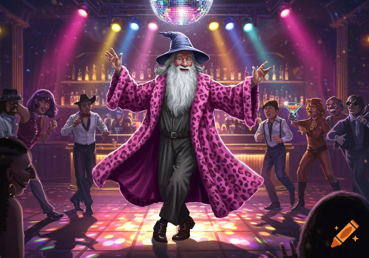 A wizard in a pink leopard print robe dances under a disco ball in a lively nightclub, with other people dancing around him.