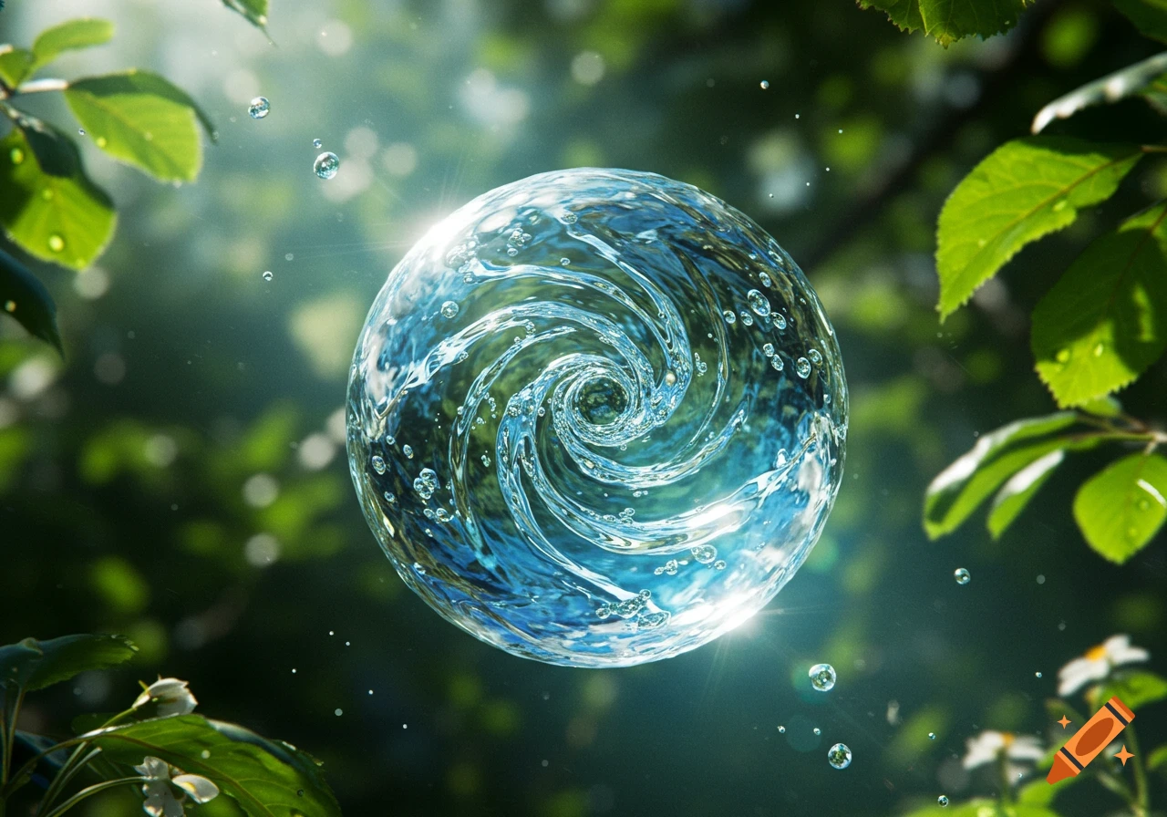 Photorealistic image of a glowing blue water orb with a swirling vortex and bubbles, surrounded by lush green leaves and bokeh.