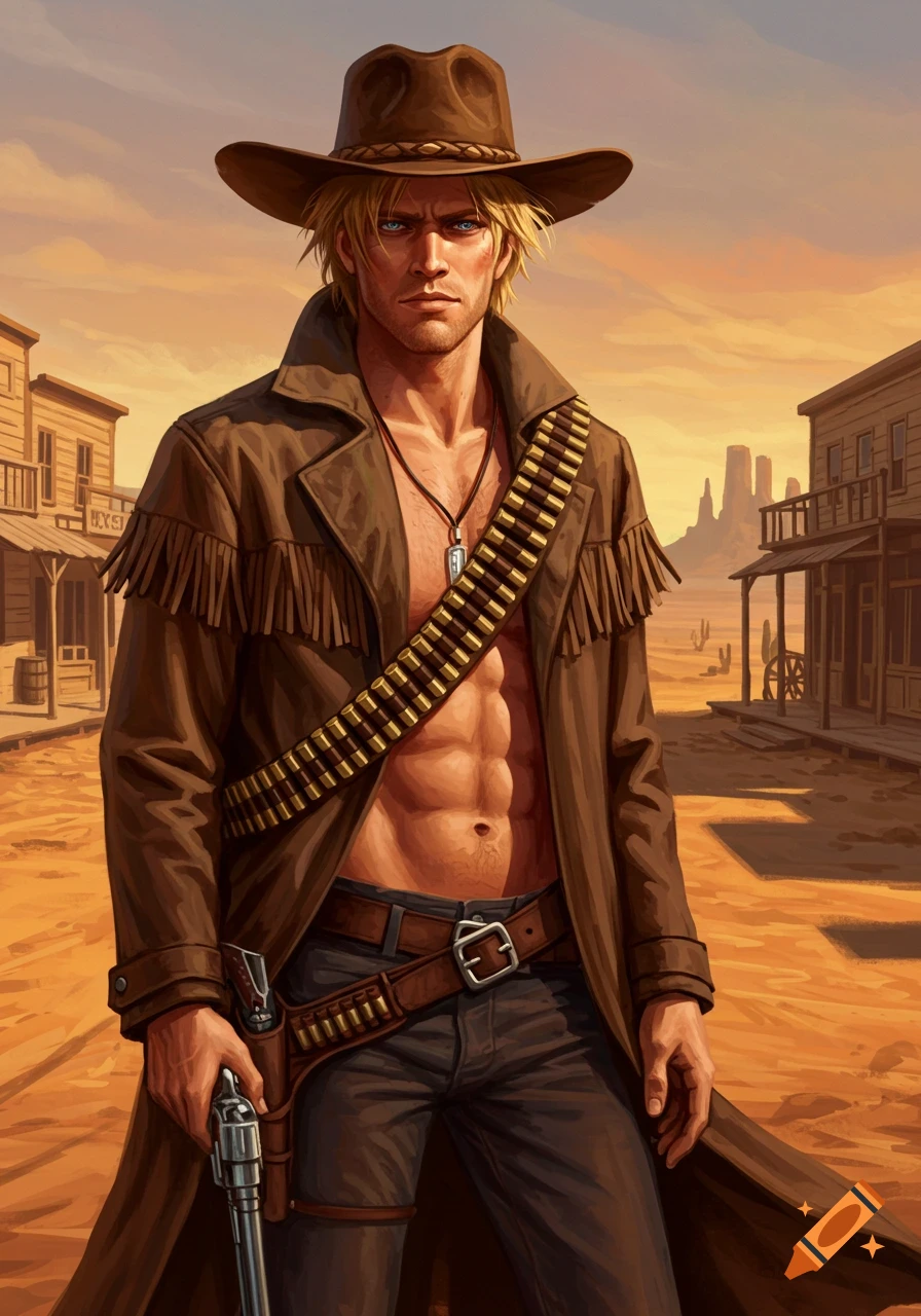 A young blond cowboy with an open brown duster coat and bandolier, holding a revolver, stands in a dusty Old West town street. Digital illustration.