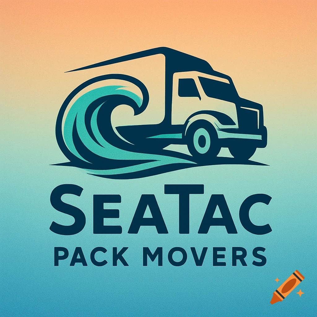 Logo for 'SeaTac Pack Movers' featuring a stylized white truck driving on a blue ocean wave, set against an orange and blue gradient background.