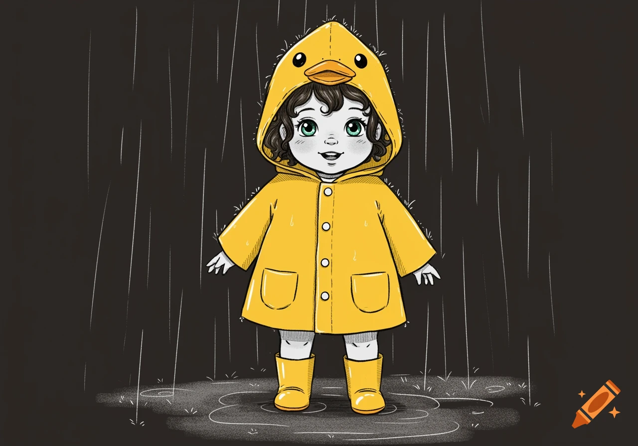 A cute cartoon toddler in a yellow rubber ducky raincoat and boots stands in the rain.