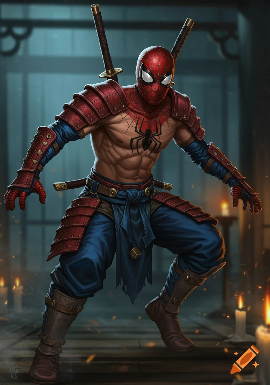 A muscular superhero resembling Spider-Man in samurai-style red and blue armor with a chest tattoo and katanas, standing in a dimly lit room with candles.