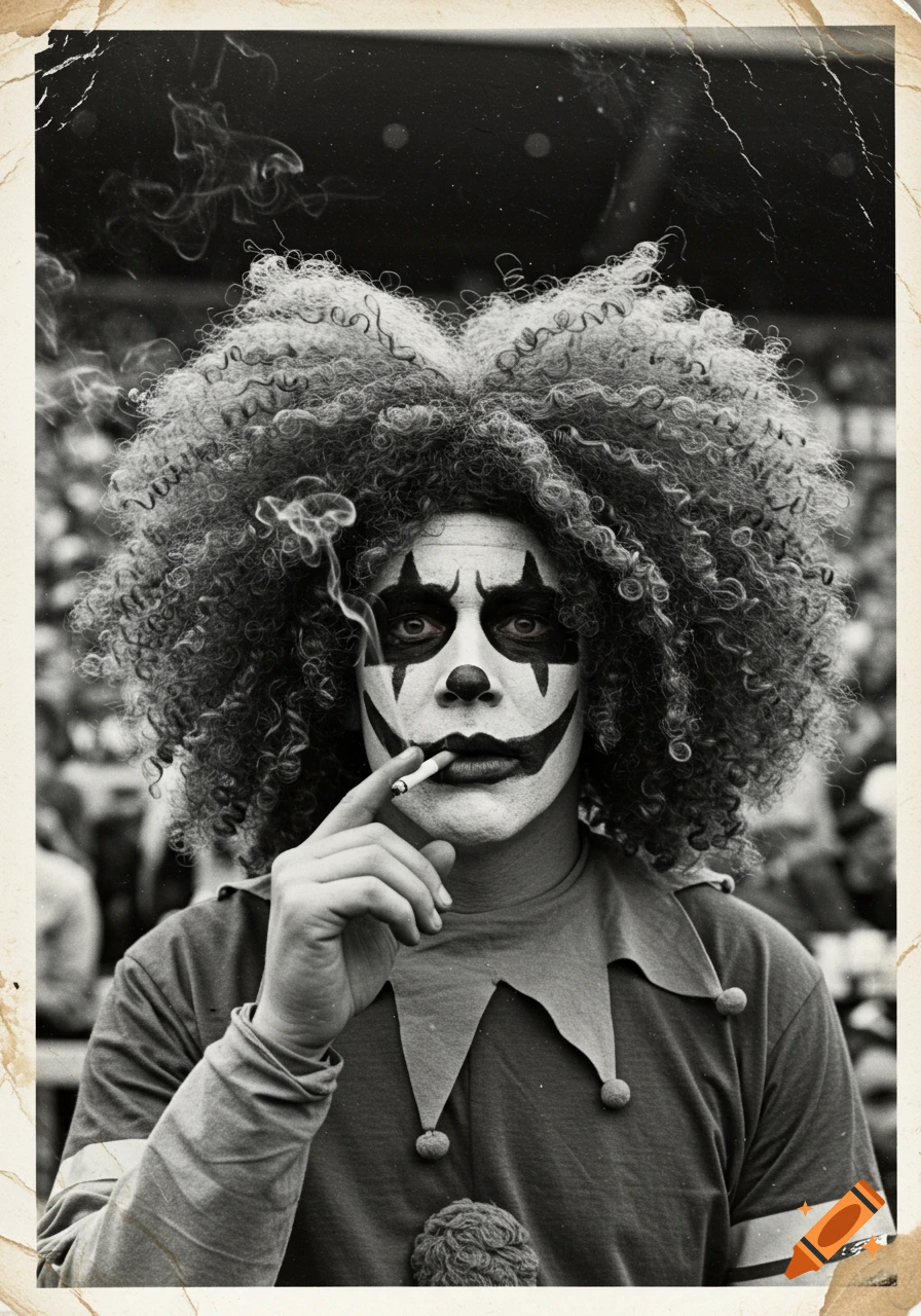 Black and white photorealistic portrait of a person in clown makeup and a curly wig, smoking, with a vintage, cracked photo effect.