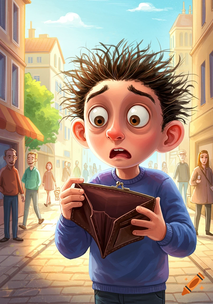 A shocked cartoon boy with messy hair stands in a busy city street, holding up an empty wallet with wide eyes.
