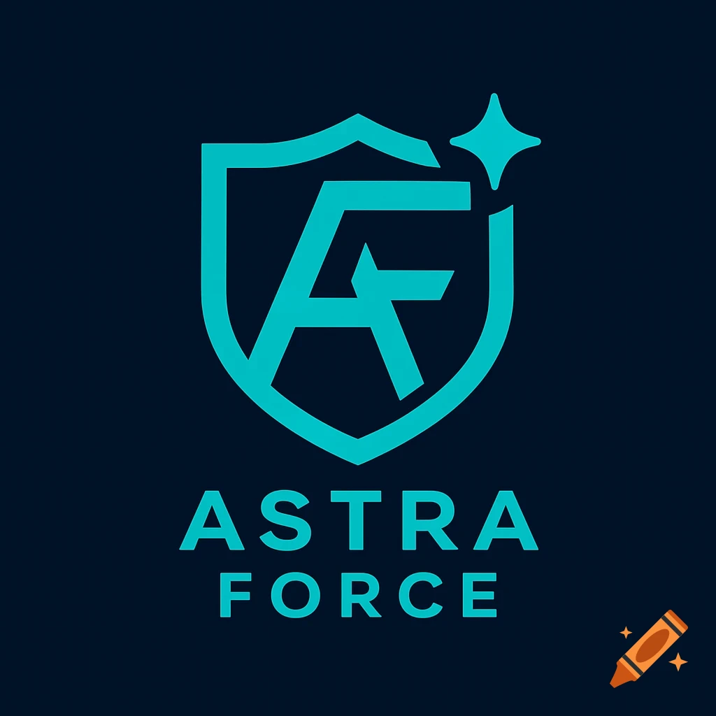 A cyan 'AF' monogram logo inside a shield with a star, above 'ASTRA FORCE' text, on a deep navy background.
