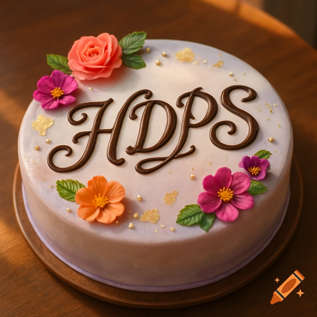 A white frosted cake decorated with colorful sugar flowers and the letters 'HDPS' in chocolate frosting.