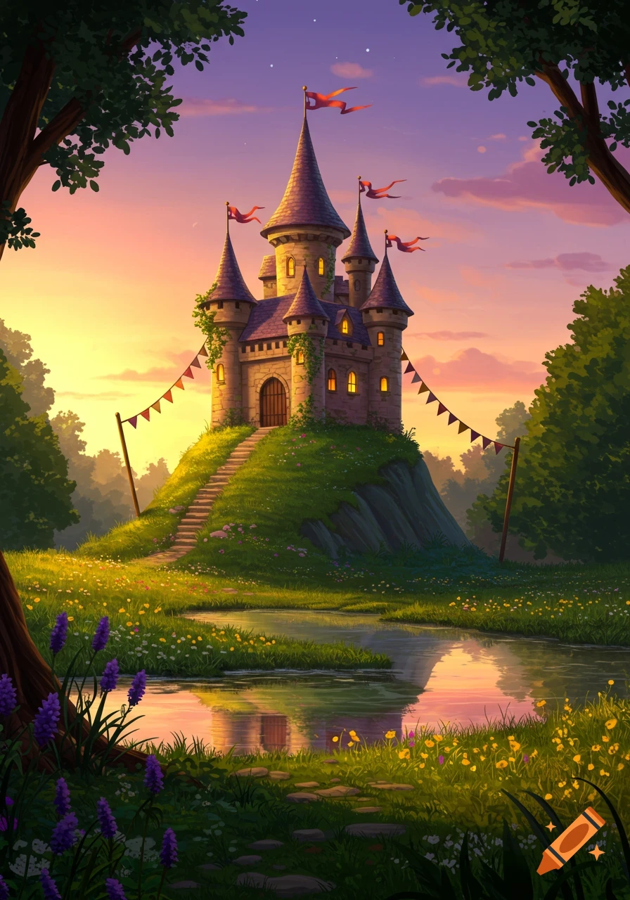 A charming cartoon castle sits atop a grassy hill overlooking a pond at sunset, surrounded by trees and wildflowers.