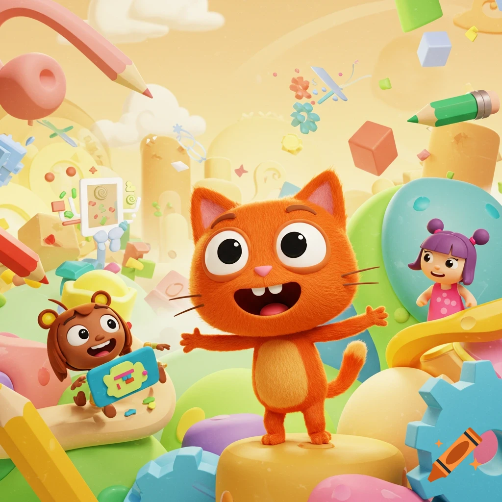 A cheerful orange cartoon cat with two children and colorful toys in a whimsical 3D animated landscape.