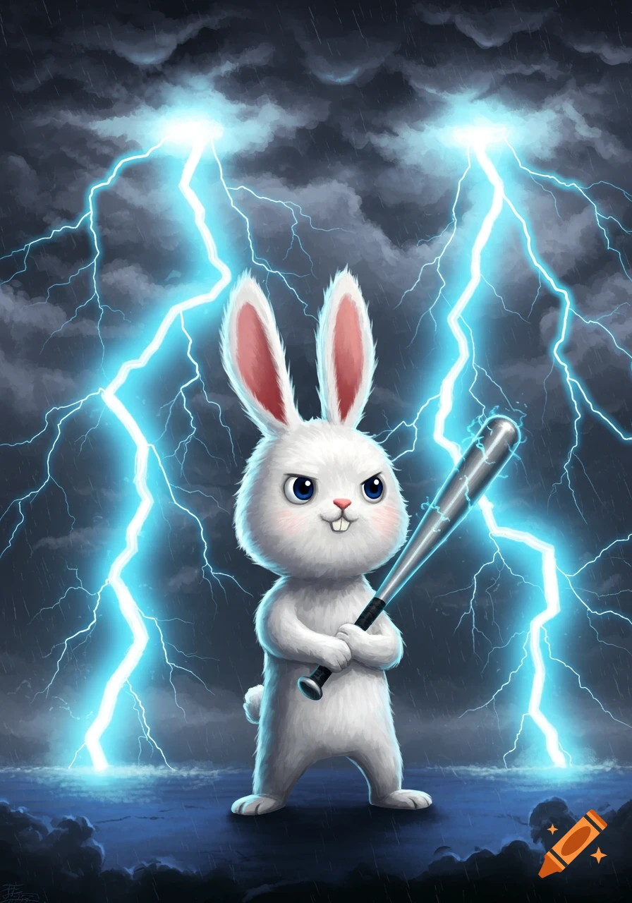 A cute, fluffy white bunny with blue eyes holds a baseball bat under a dark, stormy sky with bright blue lightning bolts.