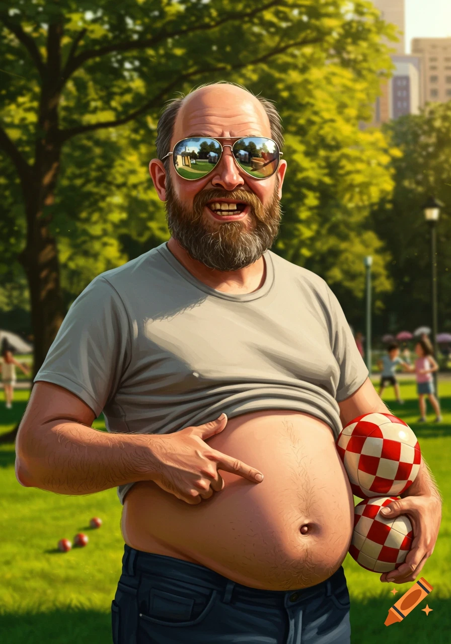 A man with a beard and sunglasses points to his belly while holding red and white checkerboard balls in a sunny park.