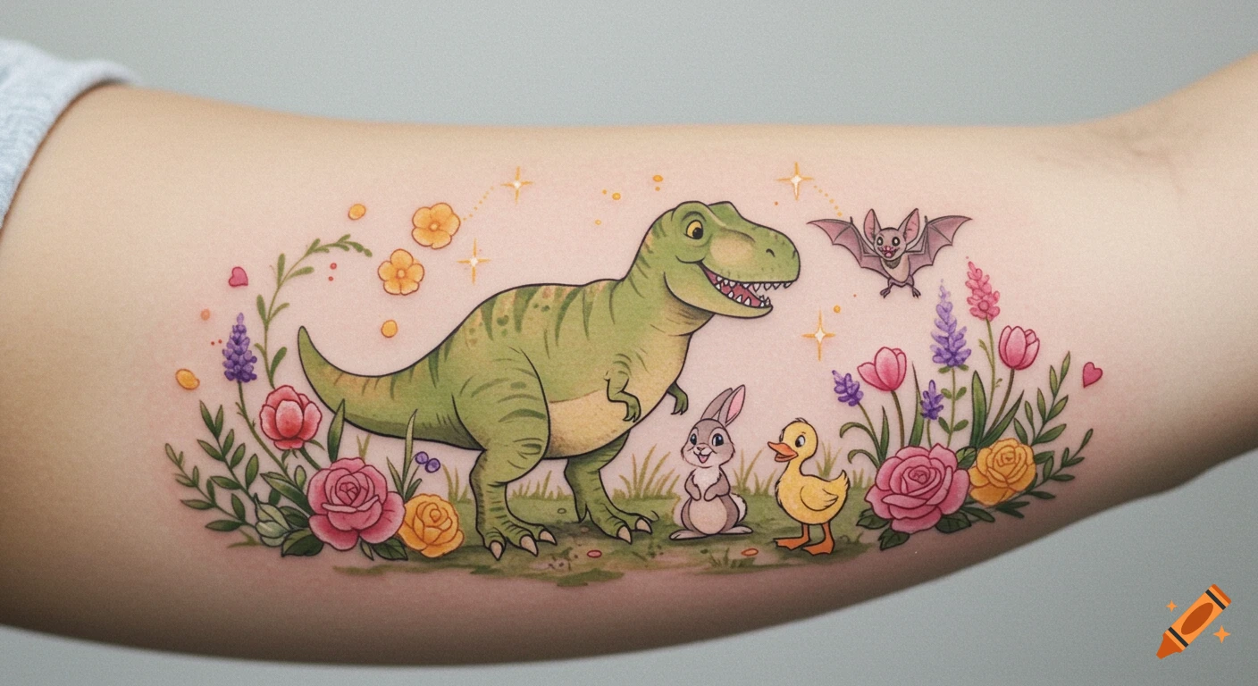 Colorful tattoo on an arm featuring a friendly T-Rex, bunny, duckling, and bat surrounded by wildflowers in a whimsical, Disney-inspired style.