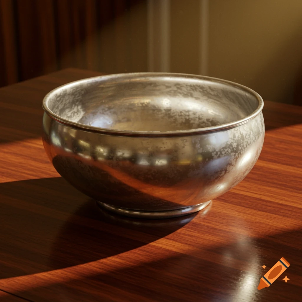 A photorealistic image of a textured silver bowl sitting on a polished wooden table with reflections and shadows.