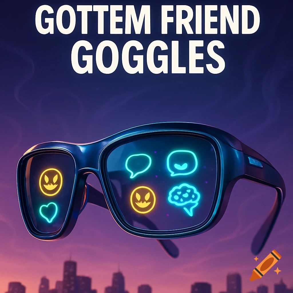 A pair of 'GOTTEM FRIEND GOGGLES' smart glasses with glowing social media and brain icons on the lenses, against a purple cityscape.