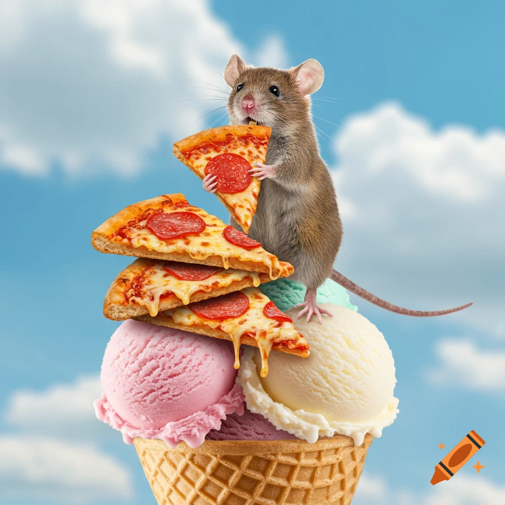 A photorealistic mouse eats pepperoni pizza slices stacked on an ice cream cone under a blue sky.