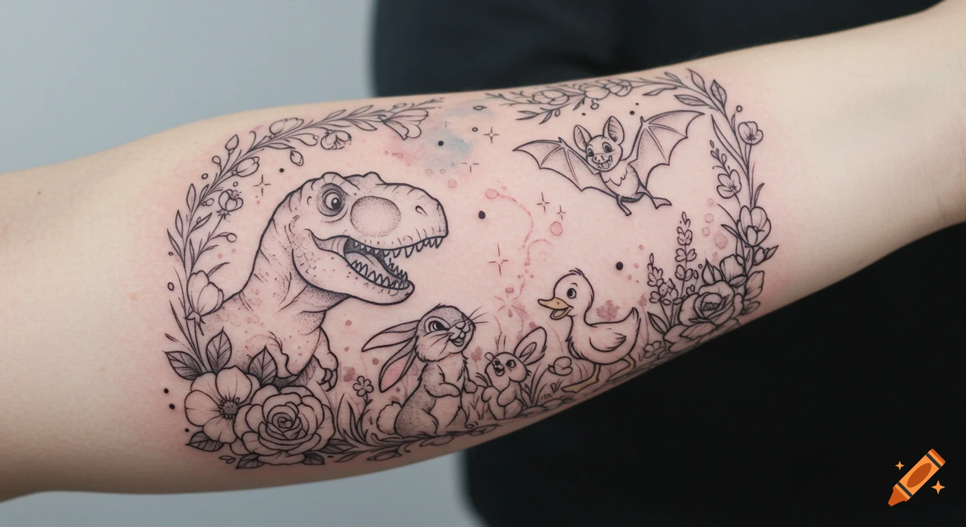 Black and grey line-art tattoo on an arm depicting a T-Rex, two bunnies, a duckling, and a bat surrounded by flowers.