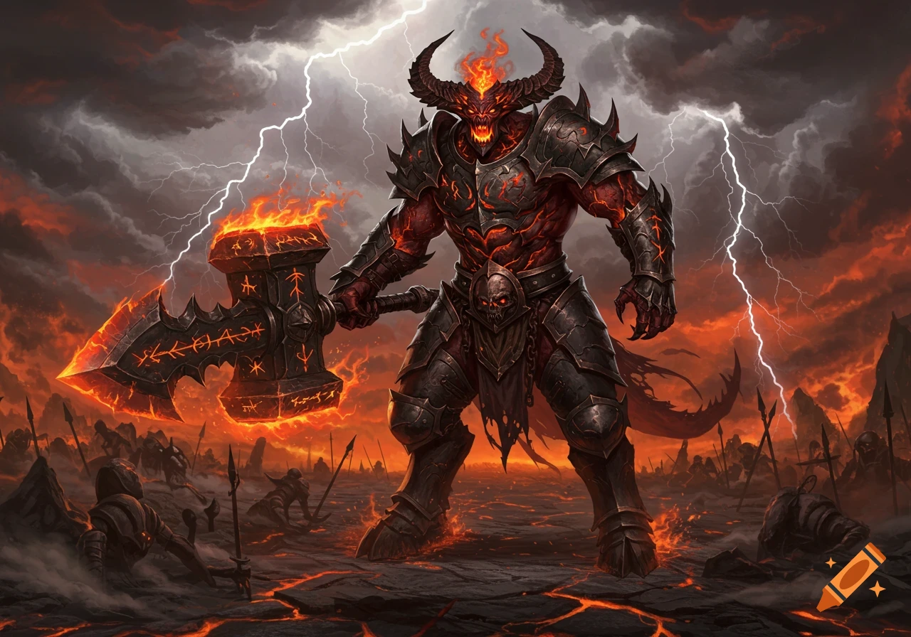 A horned, armored demon with fiery eyes holds a flaming axe amidst a volcanic, lightning-stormed landscape filled with fallen warriors, in a dark fantasy style.