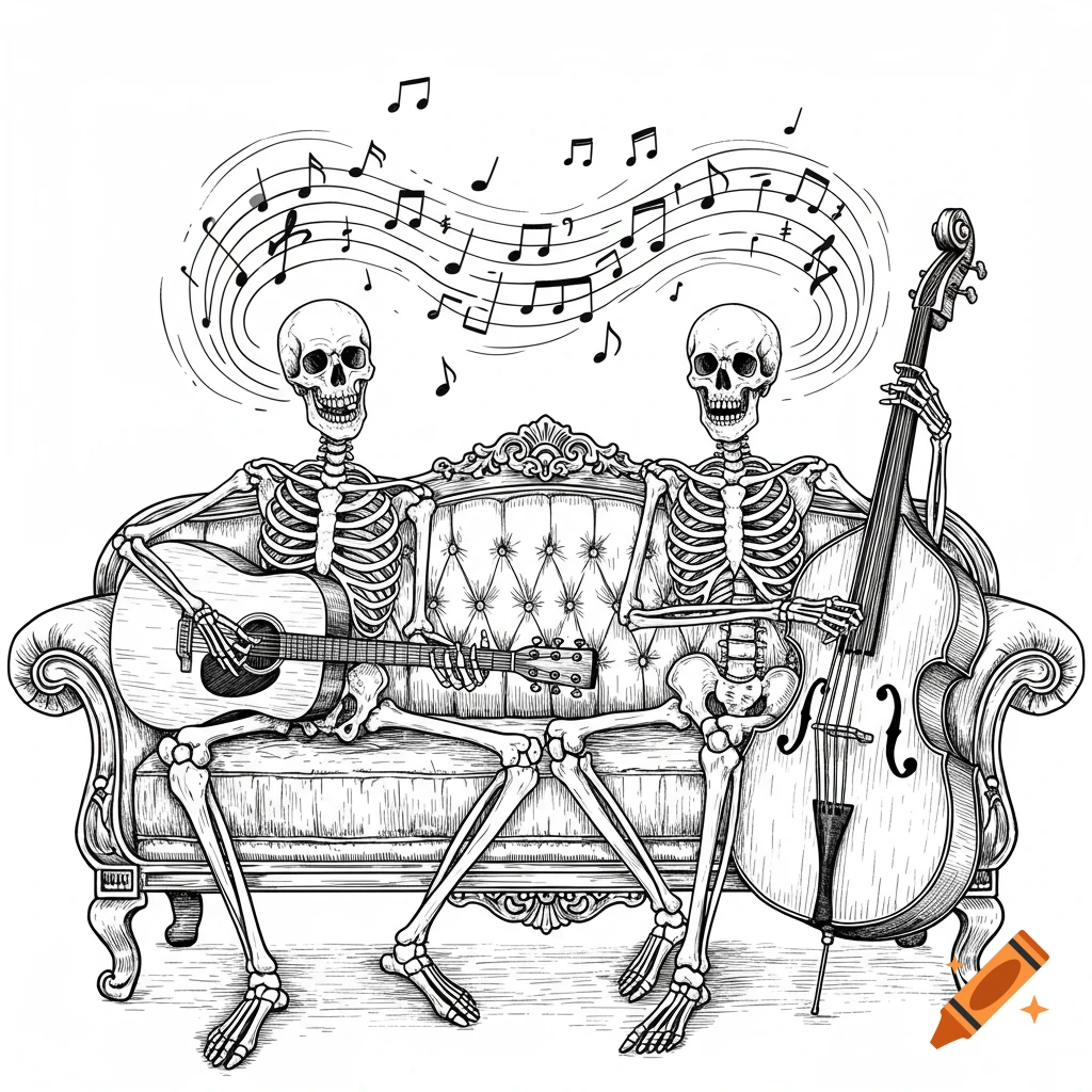 Line art drawing of two skeletons playing guitar and double bass on a couch, with musical notes above them.