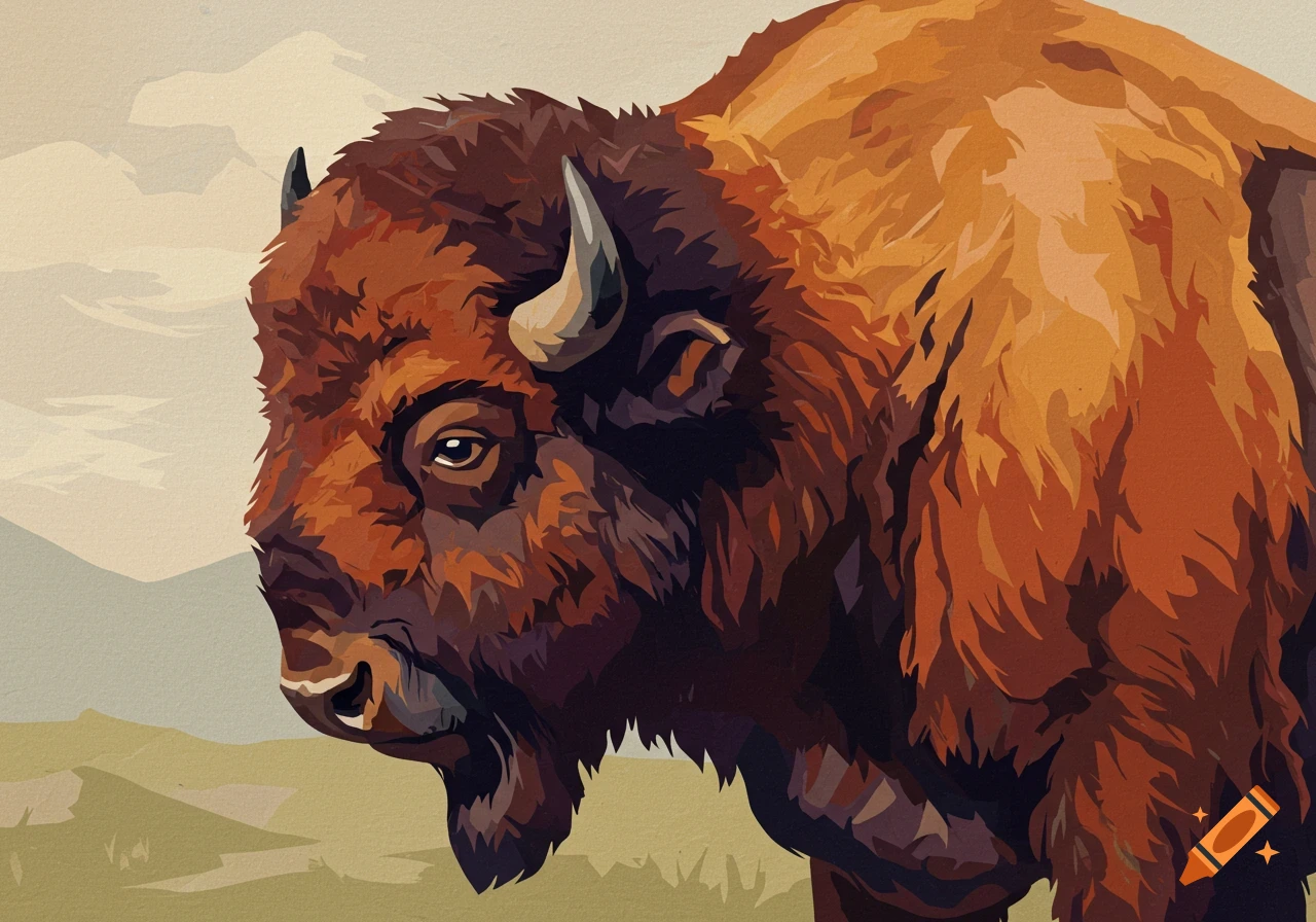 Profile of a bison's head in a 70s paint-by-number style against a subtle landscape.