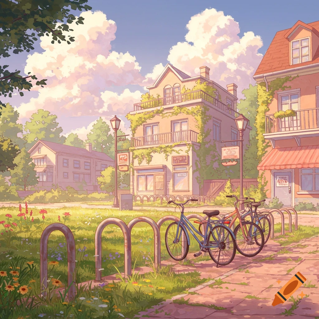 A peaceful anime landscape of a street with buildings covered in ivy, a bike rack with bicycles, and lush green grass under a soft, cloudy sky.