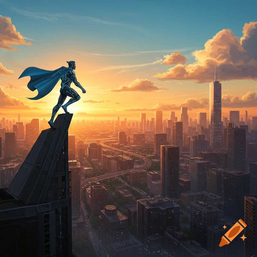 A superhero in a blue suit and cape stands on a skyscraper, overlooking a sprawling city at a vibrant sunset.