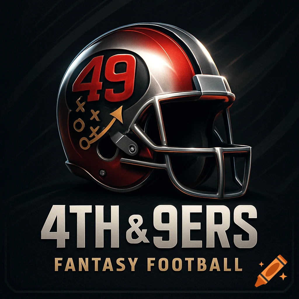 A stylized red and silver football helmet with '49' and a play diagram. Below it, text reads '4TH & 9ERS FANTASY FOOTBALL' in a digital art style.