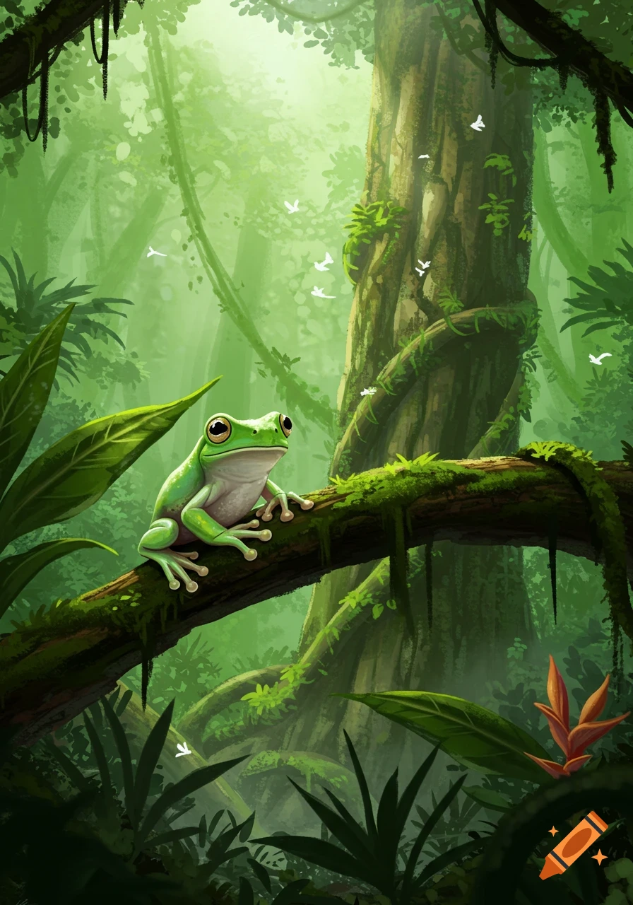 A bright green frog with large eyes sits on a mossy branch in a lush, sunlit jungle, illustrated style.