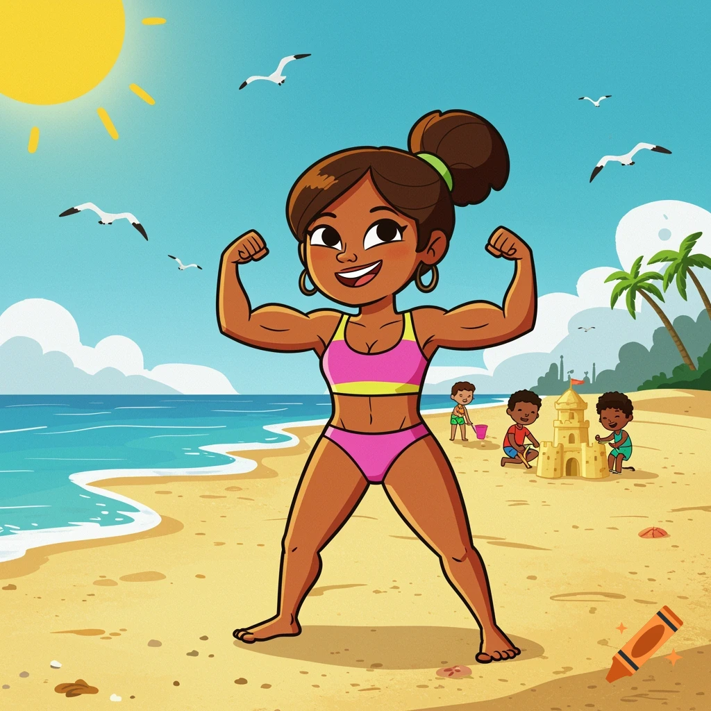 A cheerful cartoon woman in a pink bikini flexes her muscles at a sunny beach while children play in the sand.