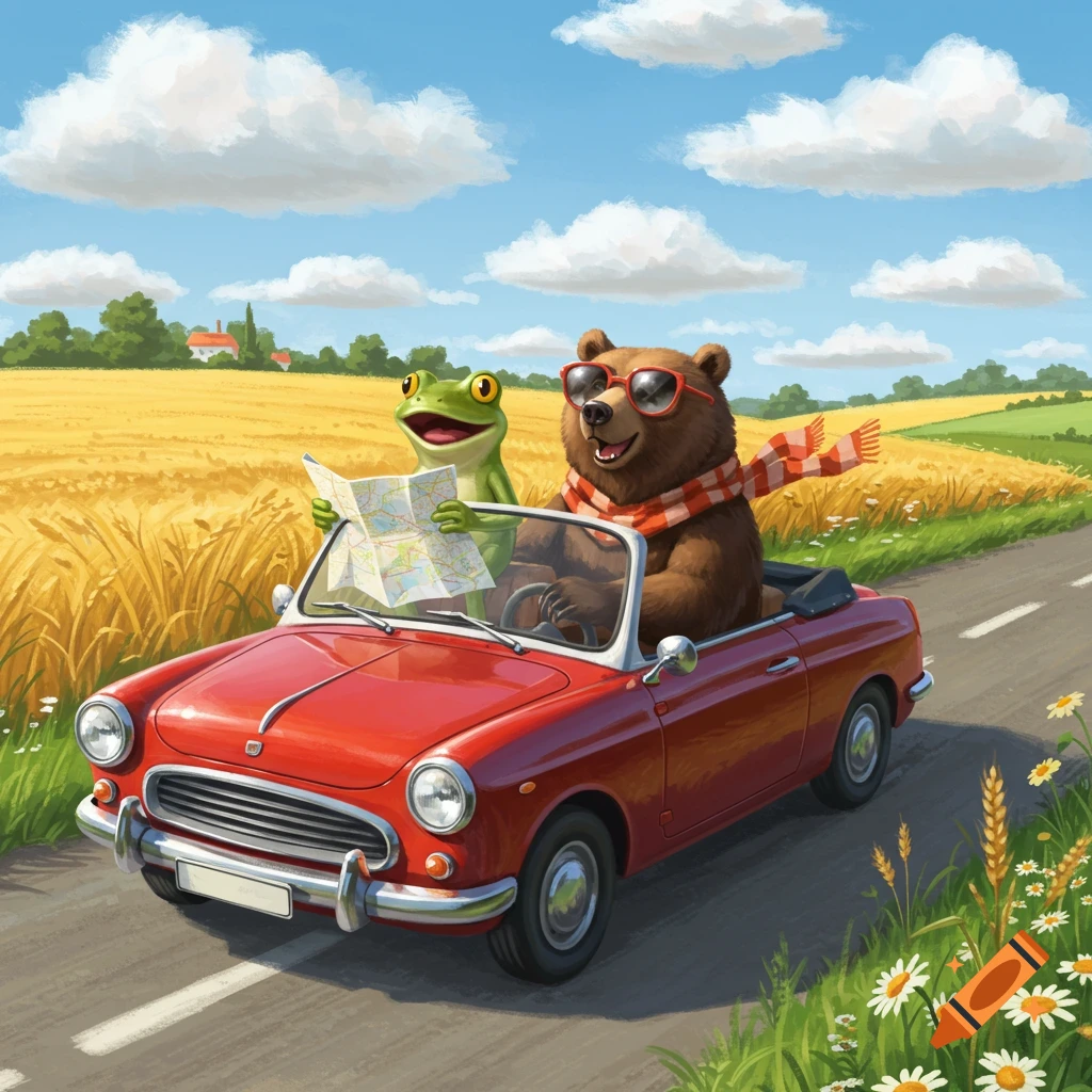 A cartoon bear in sunglasses drives a red convertible with a frog holding a map on a sunny country road.