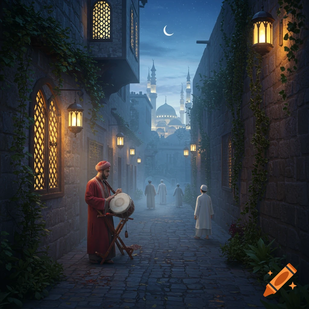 A man plays a drum in a misty, lantern-lit alley at night, with a mosque visible in the distance under a crescent moon.