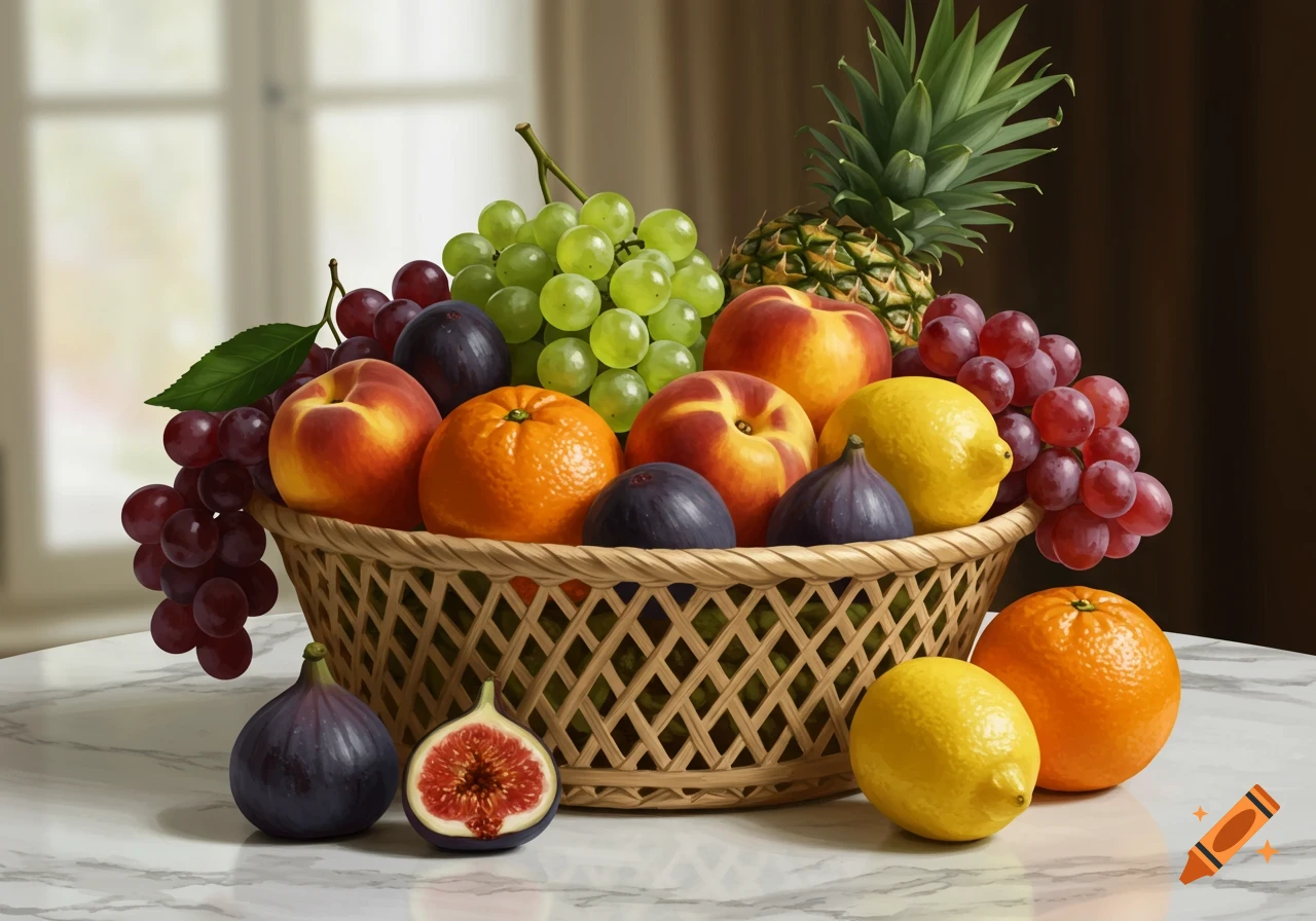 A photorealistic still life of a gourmet fruit basket overflowing with grapes, peaches, oranges, lemons, pineapples, and figs on a marble table.