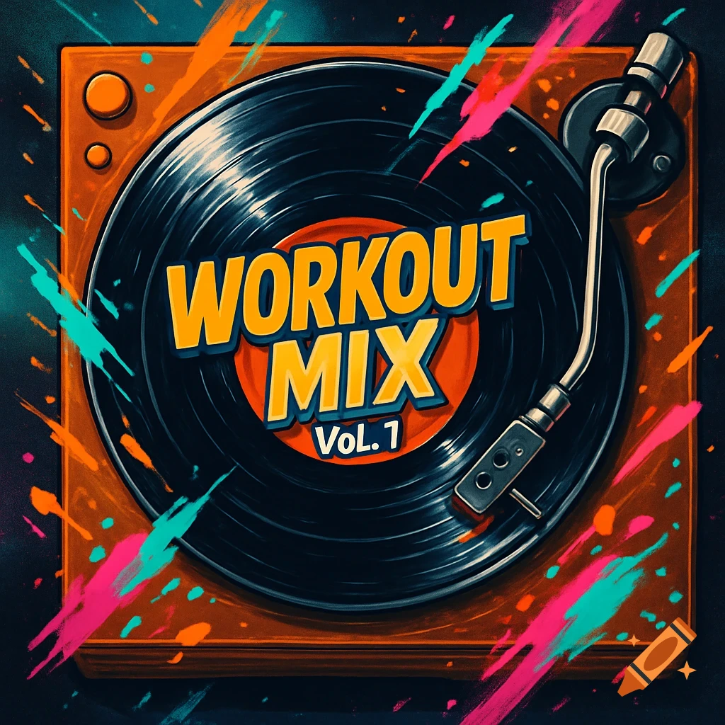 A vibrant, top-down illustration of a record player with a vinyl record labeled 'WORKOUT MIX Vol. 1,' surrounded by colorful paint splashes.