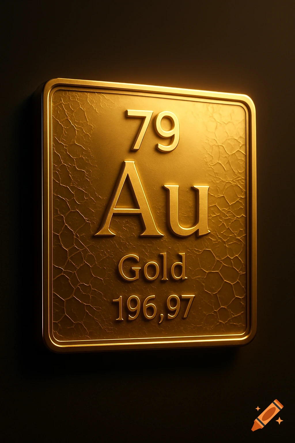 A gleaming golden square representing the periodic table element Gold, showing atomic number 79, symbol Au, name Gold, and atomic mass 196.97.