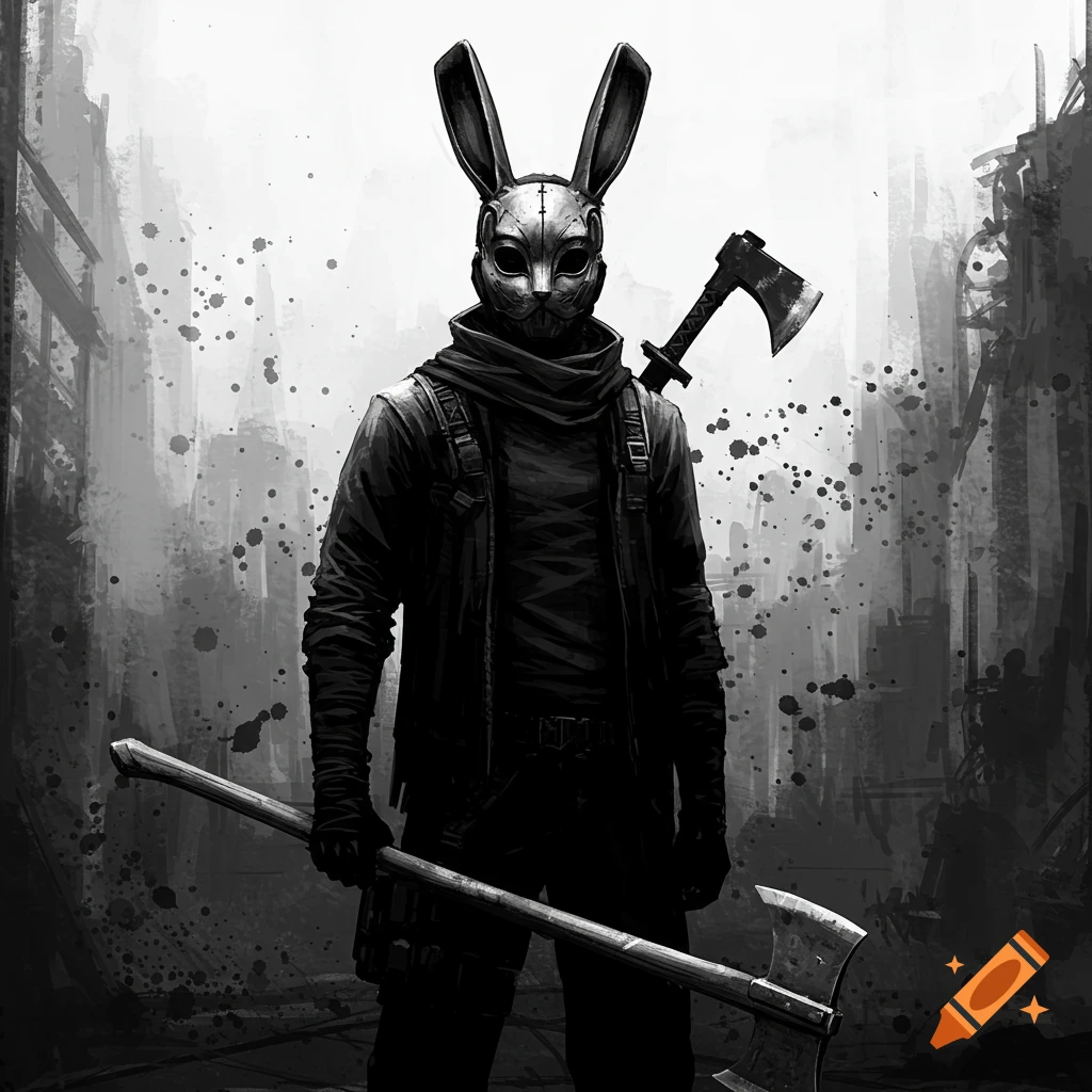 A man in a menacing rabbit mask holds a large axe, with another axe strapped to his back, in a dark, gritty Yoji Shinkawa-style illustration.