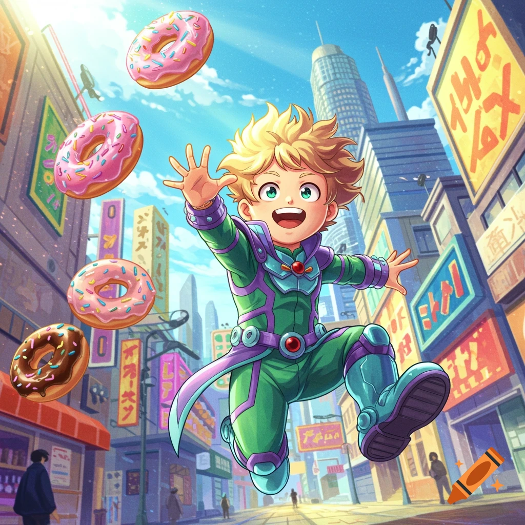 Anime boy in a green and purple costume jumps joyfully in a vibrant city street with floating pink and chocolate donuts.