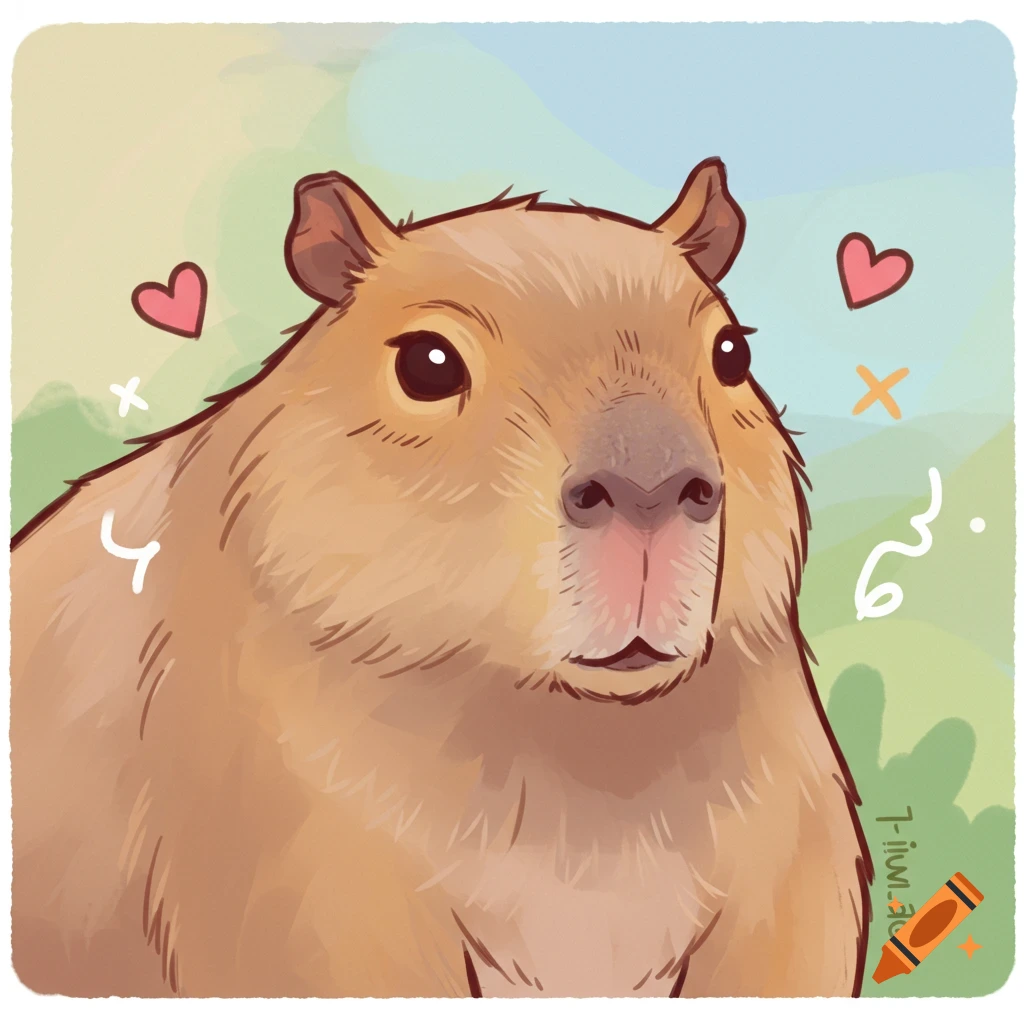 Cute cartoon capybara illustration with hearts and abstract shapes on a soft green and blue background.